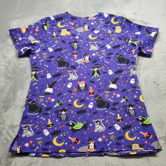 Zoe + Chloe Halloween V-neck Scrub Top 2 Pockets Spooky Cats and Dogs Wmn Sz S - Picture 2 of 10
